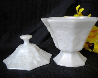 Vintage Pair of Milk Glass Candy Dishes With Lid Compote Grape Grapevine Design Lot of 2