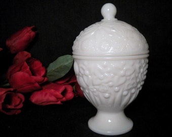 Vintage Avon Milk Glass Egg Shaped Lidded Jar Compote Vase Planter Jewelry Dish Candle Holder Candy Dish Floral Motif Cottage Vanity