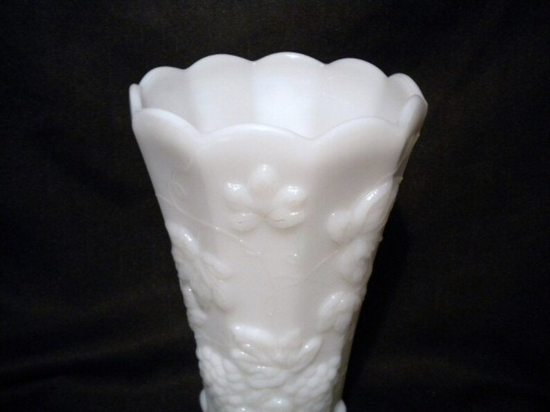 Large Scalloped Milk Glass Vase Grape Motif image 2