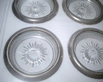 Vintage Set of 4 Pressed Glass and Silverplate Coasters Set of 4 Unused in Original Box