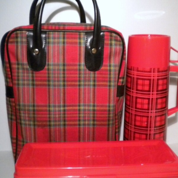 Vintage Thermos Set With Tartan Plaid Case