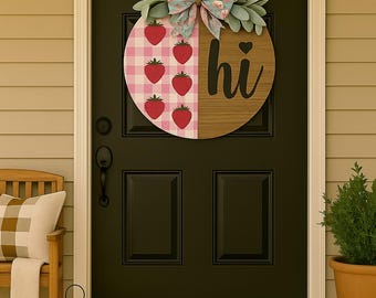 "Erdbeere ""Hi"" Türschild: Rustikales Bauernhaus Gingham Holzschild."
