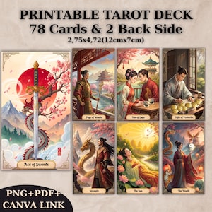 Baraja de Tarot Chino de 78 Cartas, Diseño de Baraja de Tarot Imprimible, Baraja de Tarot Única, Baraja de Cartas Digitales, Material para la Lectura de la Fortuna, PNG, PDF