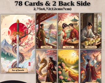 May include: Printable tarot deck with 78 cards and 2 back sides. The cards feature colorful illustrations with a Japanese theme. The cards are 2.75 inches by 4.72 inches (12 cm by 7 cm).