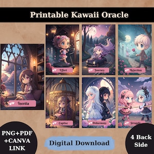 Op de afbeelding: Een digitale download met een "Printable Kawaii Oracle" met illustraties in anime-stijl. Elke kaart toont een schattig personage met woorden als "Effort", "Journey" en "Rejection". De afbeelding bevat tekst: "PNG+PDF +CANVA LINK", "Digital Download" en "4 Back Side".