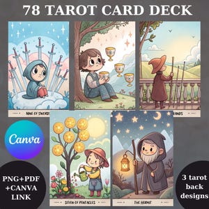 78 Kawaii Tarot Deck, Karty Tarota, Wydrukowalny projekt talii Tarota, Unikalna talia Tarota, Cyfrowa talia kart, Dostawa wróżb, svg, png, pdf