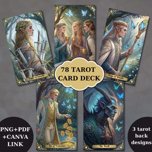 Jeu de tarot 78, conception de jeu de cartes de tarot elfique imprimable, jeu de tarot unique, jeu de cartes numériques, fournitures de lecture Fortune, pdf, png
