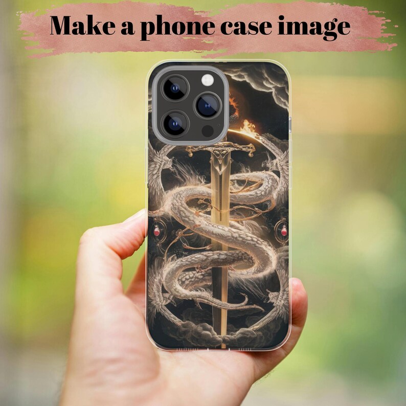 May include: A phone case featuring a graphic illustration of a long, metallic sword positioned vertically in the center, entwined by a white, serpentine dragon against a dark, cloudy background with subtle orange light accents and small red circular details.