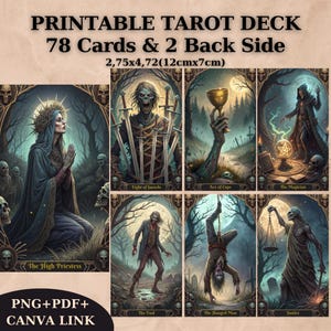 Baraja de Tarot de Fantasía Oscura con Zombis, 78 cartas, adivinación imprimible (descarga digital)