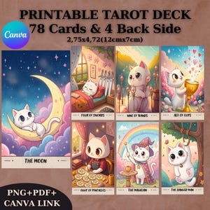 78 jeu de tarot chat kawaii, cartes de tarot, conception de jeu de tarot imprimable, jeu de tarot unique, jeu de cartes numériques, fournitures de lecture Fortune, svg, png, pdf