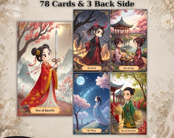 May include: A digital download tarot deck featuring 78 cards and 3 back designs. The cards display anime-style illustrations of characters in traditional attire, including the Ace of Swords, The Devil, Two of Cups, The Moon, and Two of Pentacles.