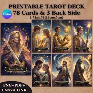 78 Cards Tarot Deck,Tarot Cards,Printable Tarot Deck Design, Digital Cards Deck, Fortune Reading Supply,Editable Canva Template