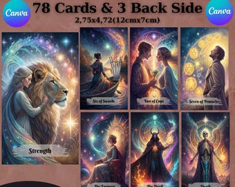 78 Cards Tarot Deck,Tarot Cards,Printable Tarot Deck Design, Digital Cards Deck, Fortune Reading Supply,Editable Canva Template