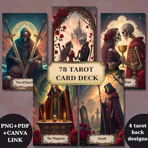 Baraja de tarot de 78 esqueletos, diseño de baraja de tarot de fantasía imprimible, cartas de tarot, baraja de tarot única, baraja de cartas digitales, suministro de lectura de la fortuna, png