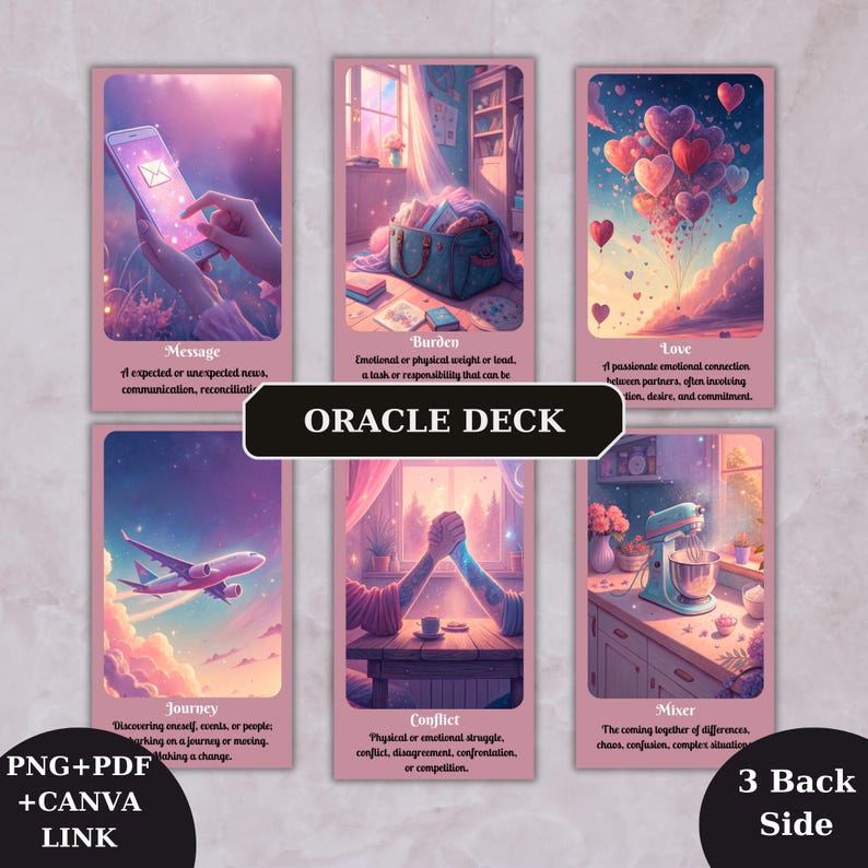 May include: A set of oracle cards with colorful illustrations and descriptions. The cards feature themes such as love, journey, conflict, and message. The cards are part of a larger oracle deck.