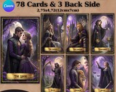 Digital tarot deck, Tarot Cards, Printable Tarot Deck Design, Purple-Moon Tarot