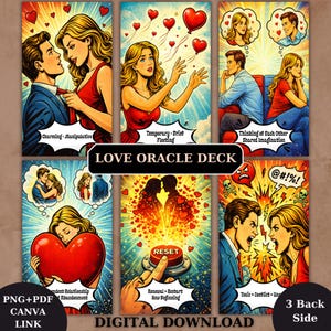 Puede incluir: Una descarga digital de una baraja de oráculo del amor con seis cartas ilustradas. Las cartas representan temas románticos e incluyen texto como "Charming - Manipulative" y "Renewal - Restart New Beginning". La baraja también incluye un diseño de "3 Back Side".