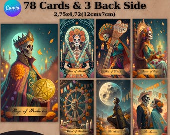 May include: A printable tarot deck with 78 cards and 3 back designs. The cards measure 12cm tall and 7cm wide. The deck features illustrations of skeletons in various scenes, with text including "Page of Pentacles" and "The Lovers".