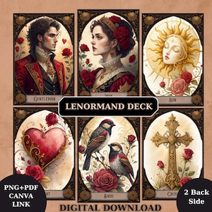 Könnte beinhalten: Ein digitaler Download eines Lenormand-Decks mit sechs illustrierten Karten. Die Karten zeigen einen Gentleman, eine Frau, die Sonne, ein Herz, Vögel und ein Kreuz, alle mit verzierten Rahmen und floralen Akzenten. Der Text "LENORMAND DECK" ist angezeigt.