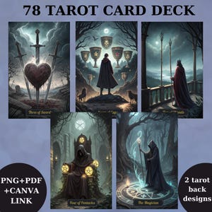 78 tarotdek, afdrukbare tarotkaart Dark Fantasy-ontwerp, uniek tarotdek, dek digitale kaarten, Fortune Reading Supply, svg, png