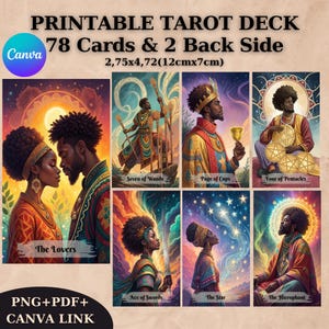 78 kaarten afro-tarotdeck, afdrukbaar tarotdeck, uniek tarotdeck, digitaal kaartendeck, waarzeggerij, bewerkbare canva-sjabloon