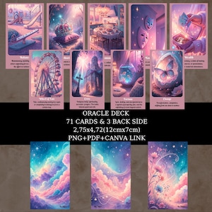 May include: A set of 71 oracle cards with colorful illustrations and text. The cards are 2.75 inches by 4.72 inches and come with 3 back sides. The cards are designed with a pink, purple, and blue color scheme and feature images of a Ferris wheel, a church, a butterfly, a mask, a seesaw, a crown, a fishbowl, and a hand holding money.