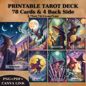 Baraja de tarot de 78 cartas, carta de tarot digital de bruja imprimible, baraja de tarot única, baraja de tarot de fantasía, material para leer la fortuna, tarot imprimible, png