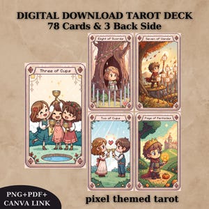 May include: A digital download tarot deck featuring 78 cards and 3 back designs with pixel art illustrations. The cards display characters in scenes labeled Three of Cups, Eight of Swords, Seven of Wands, Two of Cups, and Page of Pentacles.