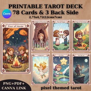 May include: A printable tarot deck featuring 78 cards and 3 back designs. The cards have a pixel art style with various illustrations, including figures and scenes. The deck measures approximately 2.75x4.72 inches (12cm x 7cm).