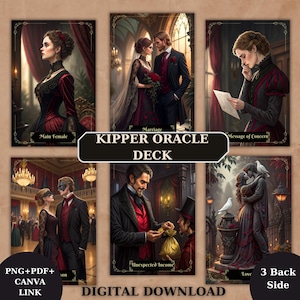 May include: A digital download of a Kipper Oracle Deck featuring six cards with Victorian-era illustrations. The cards depict themes like "Main Female," "Marriage," and "Unexpected Income." The deck includes a "3 Back Side" design and is available as PNG and PDF files with a Canva link.