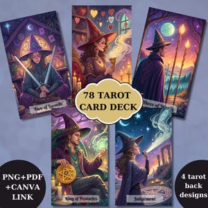 78 Tarot Deck, Witch cyfrowa karta tarota do druku, unikalna talia tarota, fantasy talia tarota, zaopatrzenie do czytania wróżb, drukowany tarot, png