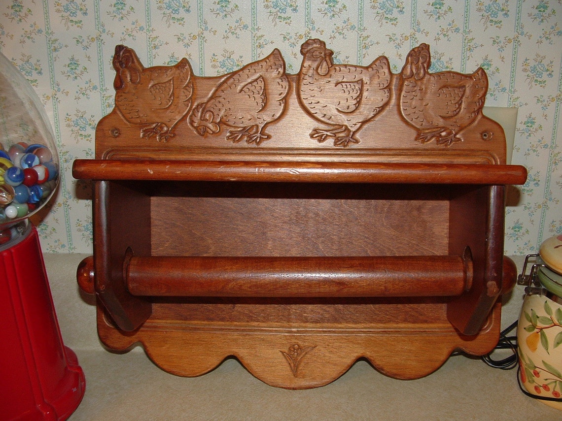 Wood Paper Towel Holder Wall Hanging with a Shelf and Carved Etsy