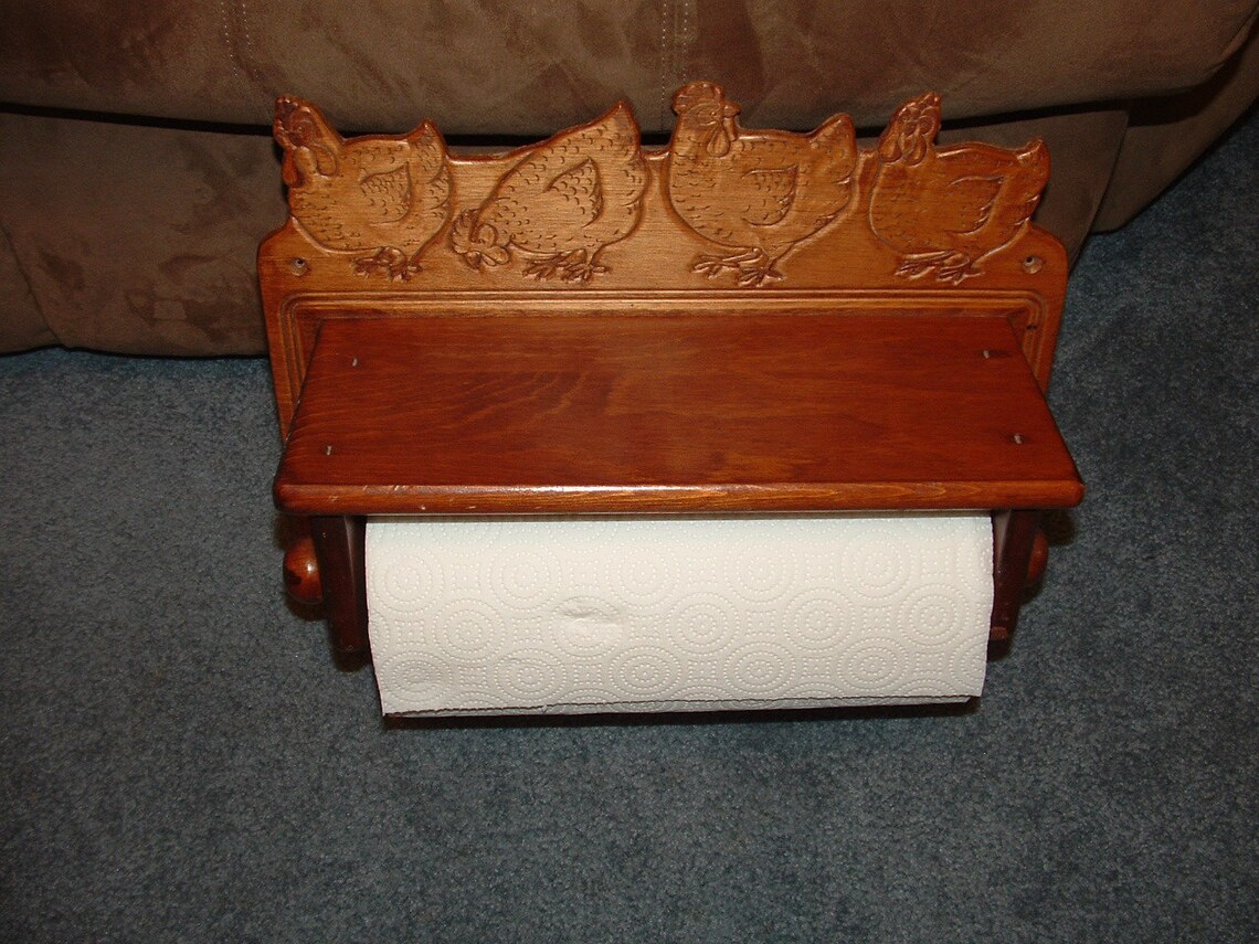 Wood Paper Towel Holder Wall Hanging with a Shelf and Carved Etsy