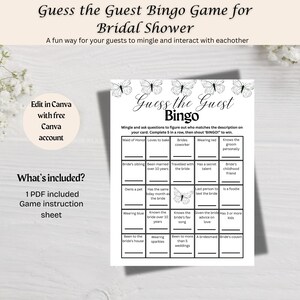 Guess the Guest Bingo Game Minimalist Butterfly Bridal Shower Editions, Editable PDF Template, Instant Download