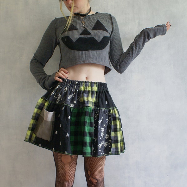 GreenEnvyEnemy (One Size) Spooky Flannel Patch Skirt With Skeletons And Green Plaid