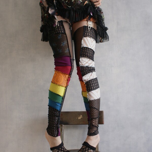 KaleidoscopicKicks (One Size) Patchwork Footless Thigh High Stockings Monster Rainbow 1