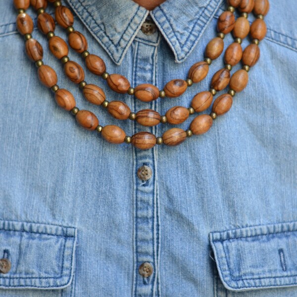 Multi Ethnic Olive Wood Bead and African Trade Bead Necklace & Earrings