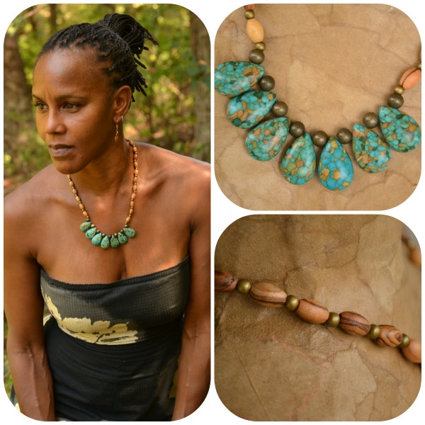 Turquoise Teardrop and Olive Wood Beads Necklace & Earrings