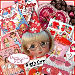 May include: A collage of vintage Valentine's Day images, including a paper doll cut-out book, a box of candy hearts, and a girl wearing a party hat. The text "Make Your Own Valentines" and "40 Valentines" are visible in the image.