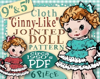 GINNY-Like 9 inch Cloth JOINTED Doll Vintage epattern - WARDROBE included - 5 Inch bonus Pdf pattern stuffed rag doll download
