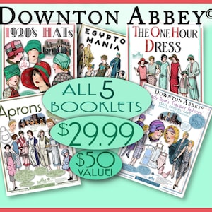Op de afbeelding: Een collage van vijf vintage boekomslagen met modeontwerpen uit de jaren 1920. De omslagen zijn getiteld "1920's Hats", "Egypt Mania", "The One Hour Dress", "Aprons" en "Downton Abbey Lady Rose's Flapper Fashions". De tekst "Alle 5 boekjes € 29,99 € 50 waarde!" is over de afbeelding gelegd.