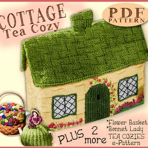 TEA COZY Vintage Knitting e-pattern Cottage, Lady, Basket of Flowers Adorable pattern Knit knitted Thatched English British PDF download image 1