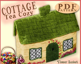 TEA COZY Vintage Knitting e-pattern Cottage, Lady, Basket of Flowers Adorable pattern Knit knitted Thatched English British PDF download