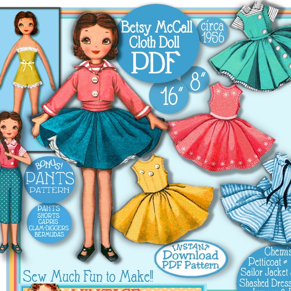 Sew Cute Betsy McCall CLOTH Doll 50s vintage pattern PDF Dolls size 16" & BONUS 8" plus 5 Dresses Pants Jacket Petticoat Chemise! download