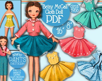 Puede incluir: Un patrón de muñeca de papel vintage para una muñeca de 40,6 cm. La muñeca lleva una falda azul, una chaqueta roja y una camisa blanca. El patrón incluye una variedad de atuendos, incluyendo una camisa, una enagua, zapatos, una chaqueta de marinero y un vestido, un vestido con cinturón y lazo, un jersey y un vestido, y un vestido sin mangas con ribete de botones o costuras. El patrón está disponible para descargar instantáneamente como PDF.