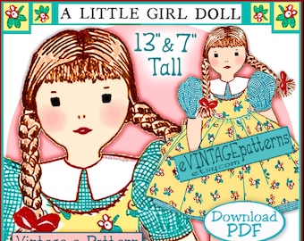 Puede incluir: Patrón vintage para una muñeca de niña pequeña, de 33 cm y 18 cm de alto. La muñeca lleva un vestido amarillo con estampado floral azul y blanco y un lazo rojo. El patrón es de Edith Flack Ackley, alrededor de 1938. Descarga el PDF.