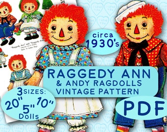 SEW a Raggedy Ann & Andy 5" ~ 10" and 20" vintage pattern homemade epattern download cape dress heart apron face transfer