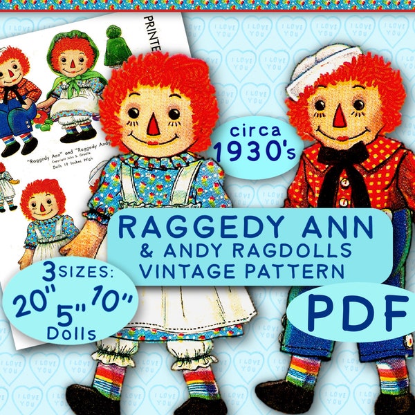 SEW a Raggedy Ann & Andy 5" ~ 10" and 20" vintage pattern homemade epattern download cape dress heart apron face transfer