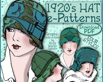 Cuci 4 modelli digitali per cappello cloche stile flapper anni '20 di Downton Abbey (set Shirley) in formato PDF A