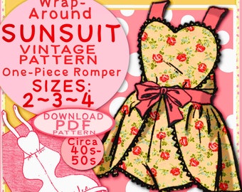 SUN SUIT Pattern 3 tailles So Sweet Wraparound One-Piece Romper Child Girl Toddler vintage 1940 / 1950 Sunsuit baby e-pattern pdf